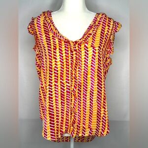DKNY Pink Orange Sleeveless Blouse Ruffle Lightweight Popover Hi-Lo‎ Hem Sz L